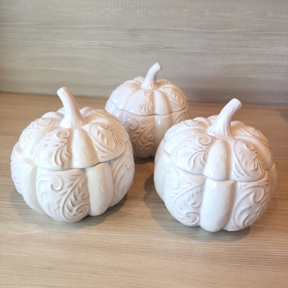 Pier 1 Imports White Ceramic Scroll Pumpkin Lidded Jars Set of 3 Harvest Decor
